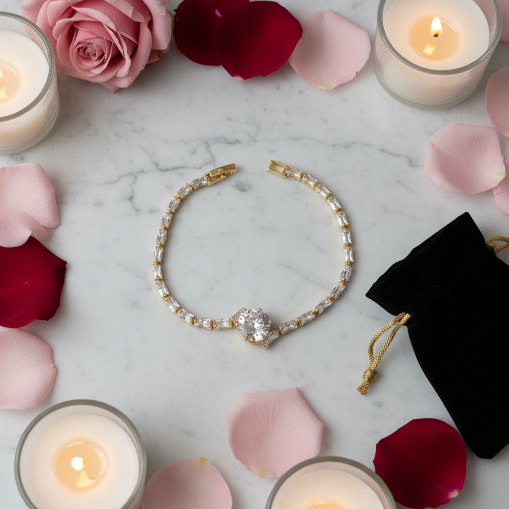 Gold Filled Midnight Sparkle Bracelet lifestyle flat lay on marble with candlelight