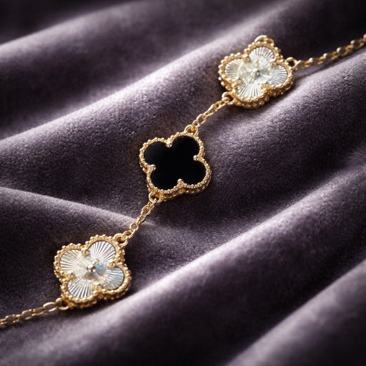 Black White Gold Filled Clover Bracelet
